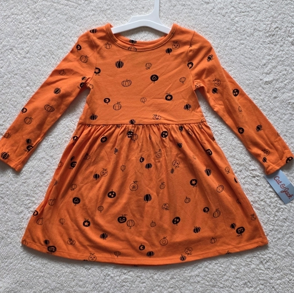 NWT Cat & Jack Toddler Girl's Long Sleeve orange Halloween Printed Dress 3t 4t 5
